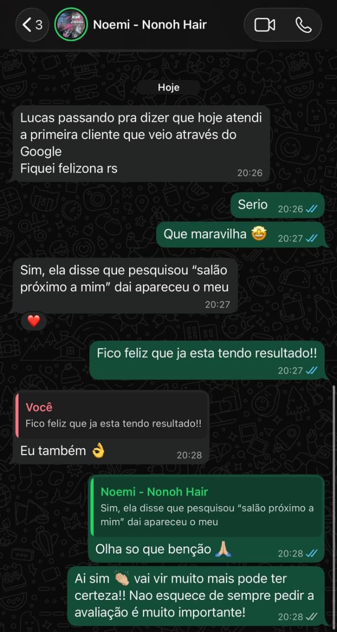 Resultado da LSI Agência para Nonoh Hair — cliente relatando primeiro atendimento vindo do Google
